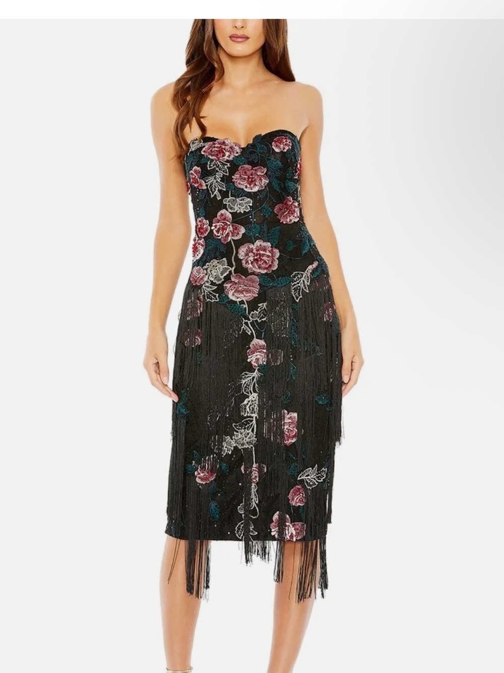 Mac Duggal Floral-Embossed Fringed Strapless Midi Dress